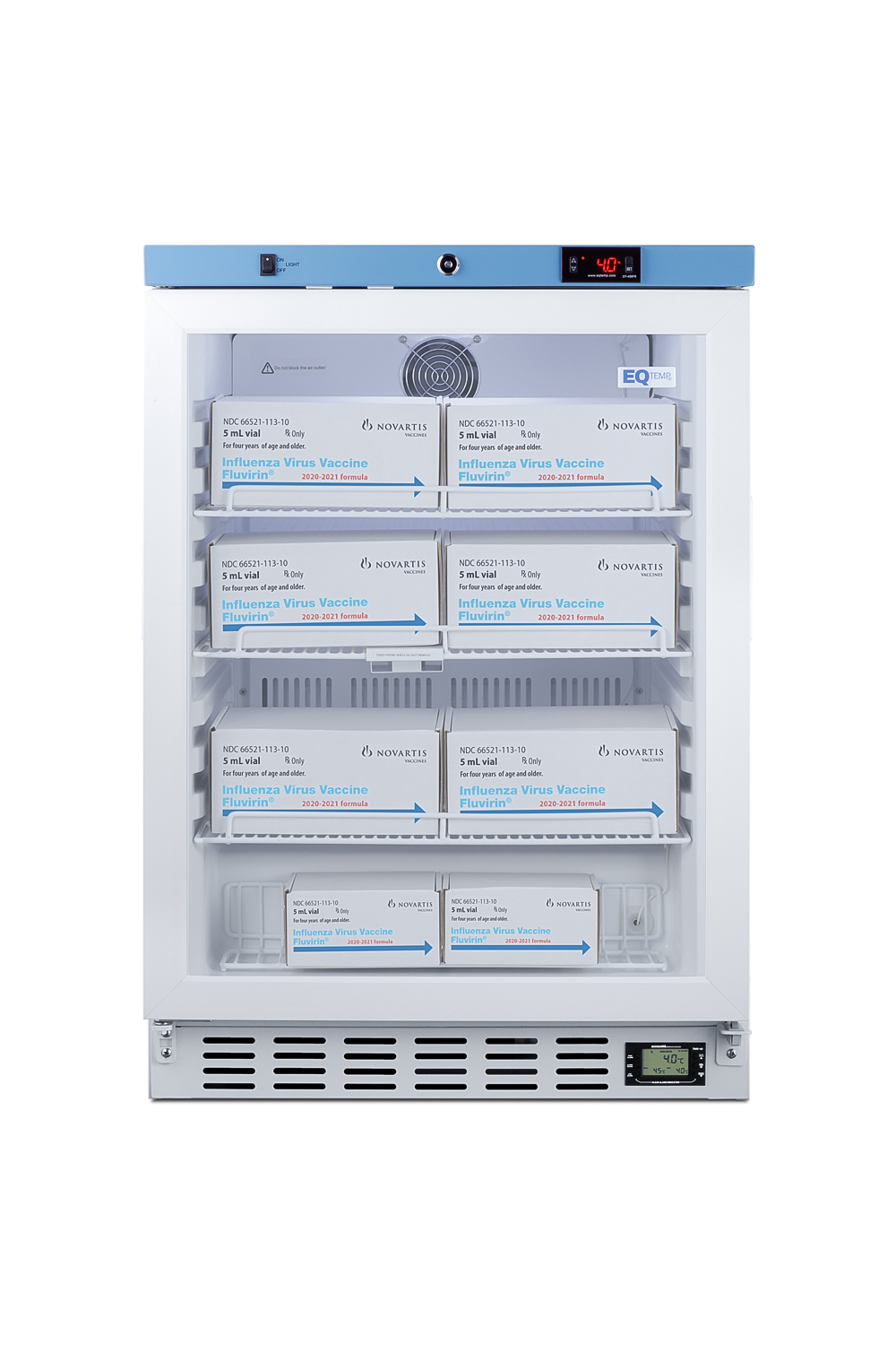 Built-In healthcare all-refrigerator with self-closing door, front lock, digital controls, and external temperature readout
